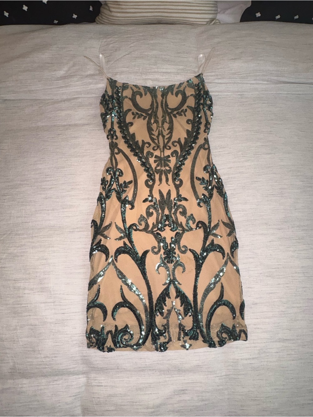 Windsor Nude Mini Dress with Emerald Sequin Embellishment